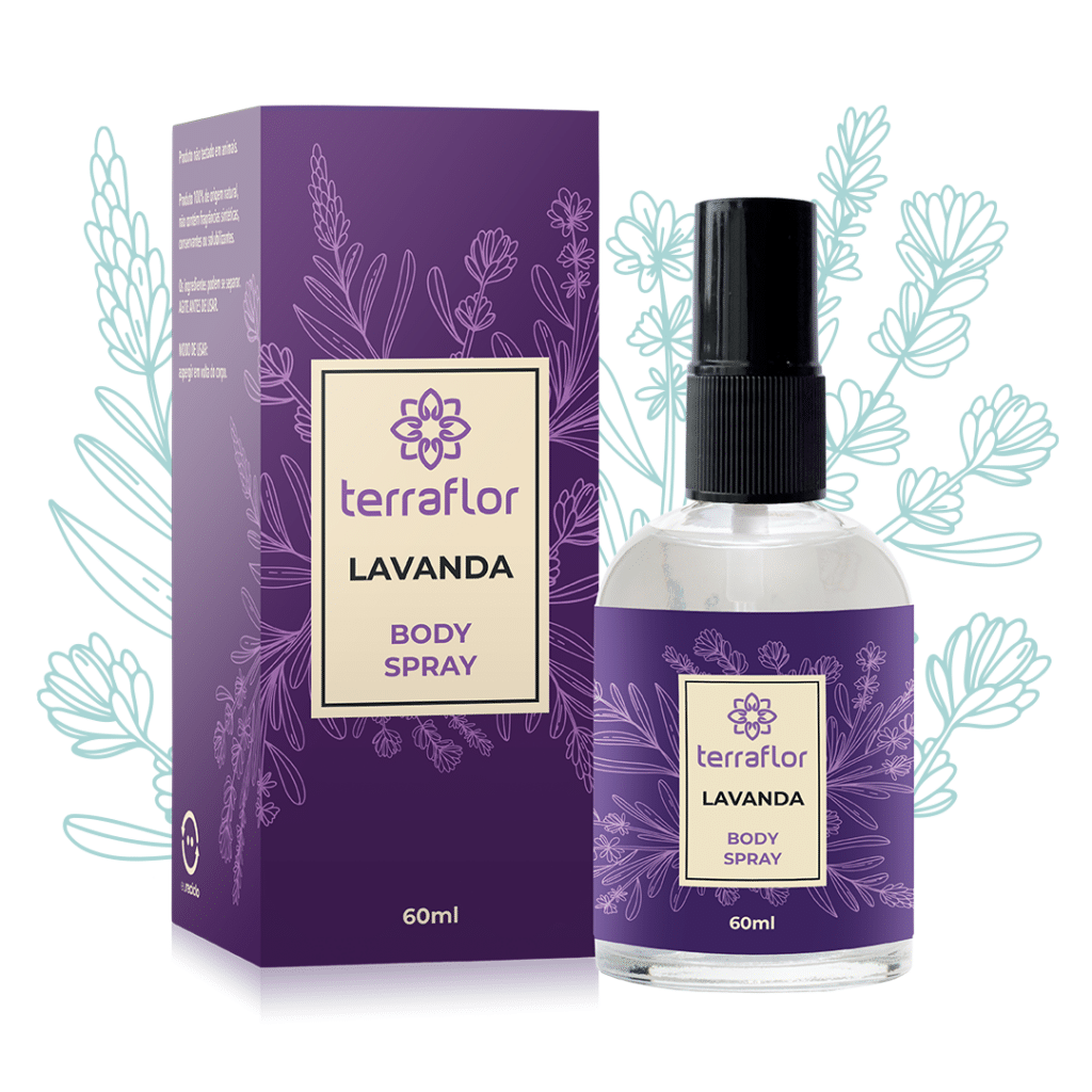 Frasco e embalagem do body spray Lavanda com ilustrações ao fundo.