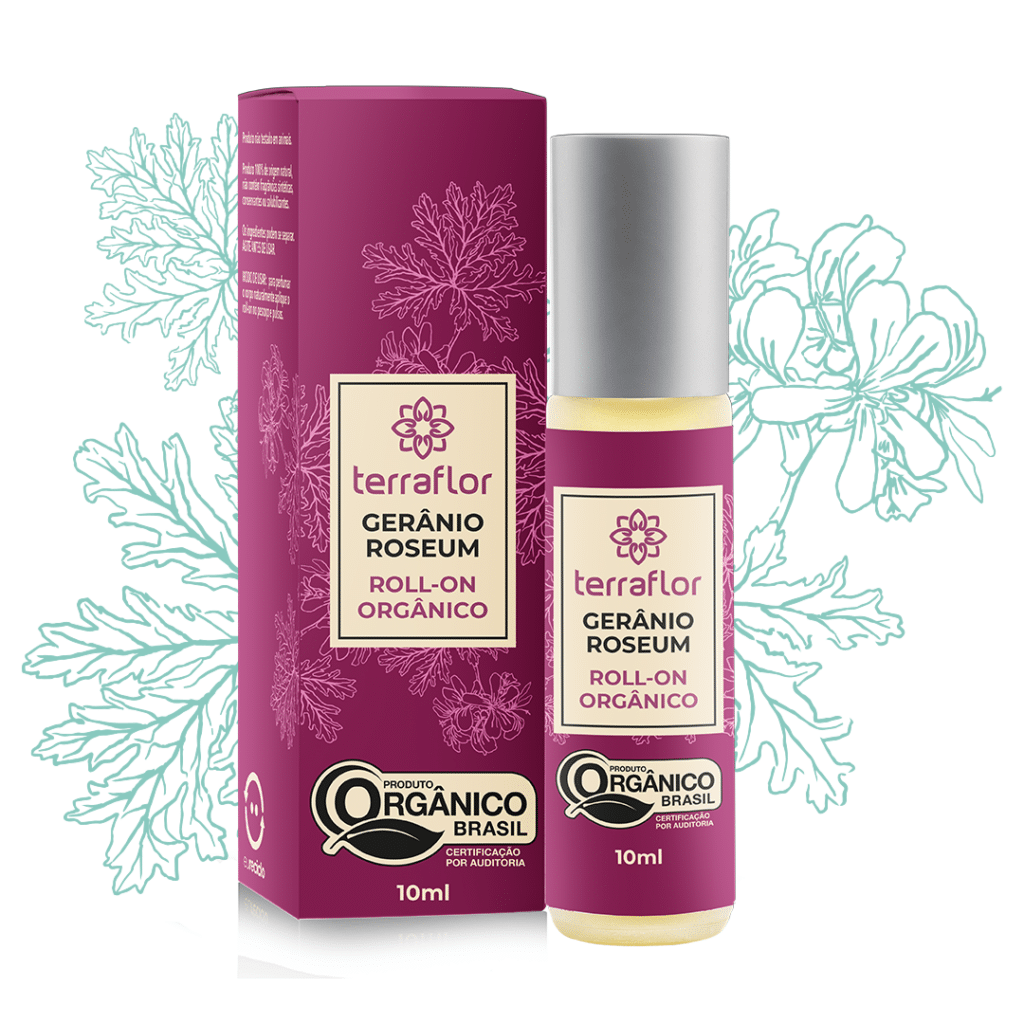 Frasco e embalagem do roll-on orgânico de gerânio roseum com ilustrações ao fundo.