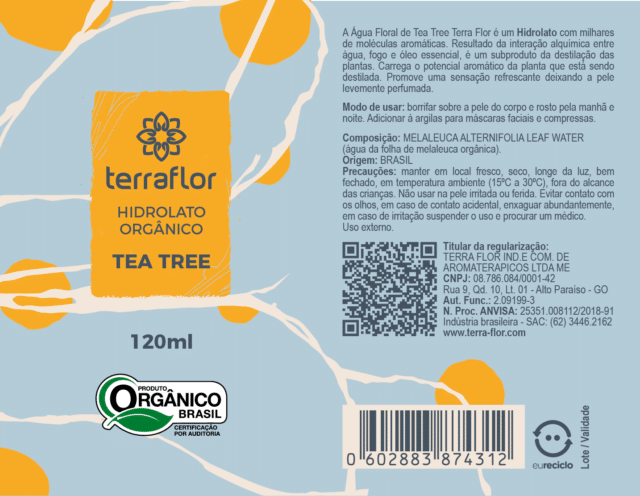 Rótulo do hidrolato de tea tree orgânico.