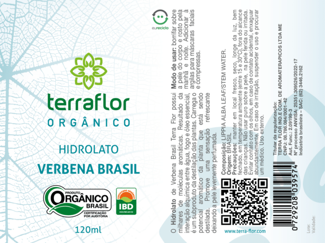 Rótulo do hidrolato de verbena brasil orgânico.