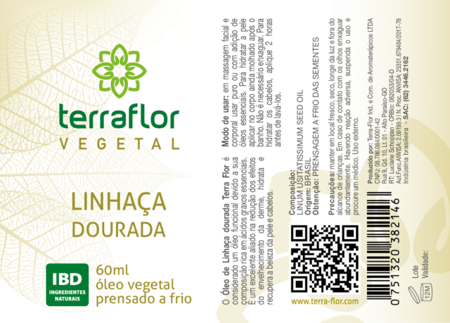 Rótulo do óleo vegetal de linhaça dourada 60ml.